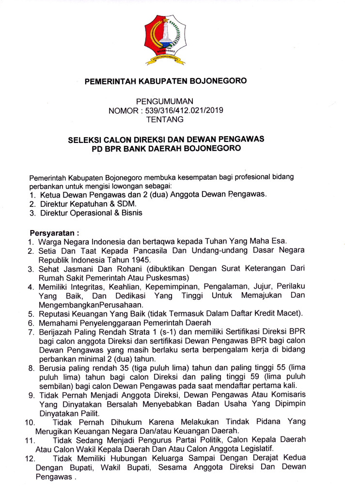 Seleksi Calon Direksi Dan Dewan Pengawas PD. BPR Bank Daerah Bojonegoro