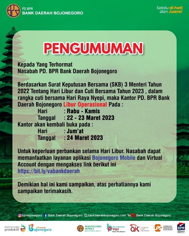 Pengumuman Libur Operasional PD BPR Bank Daerah Bojonegoro