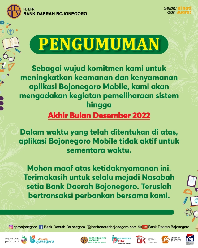 Pengumuman Aplikasi Bojonegoro Mobile dalam Maintenance