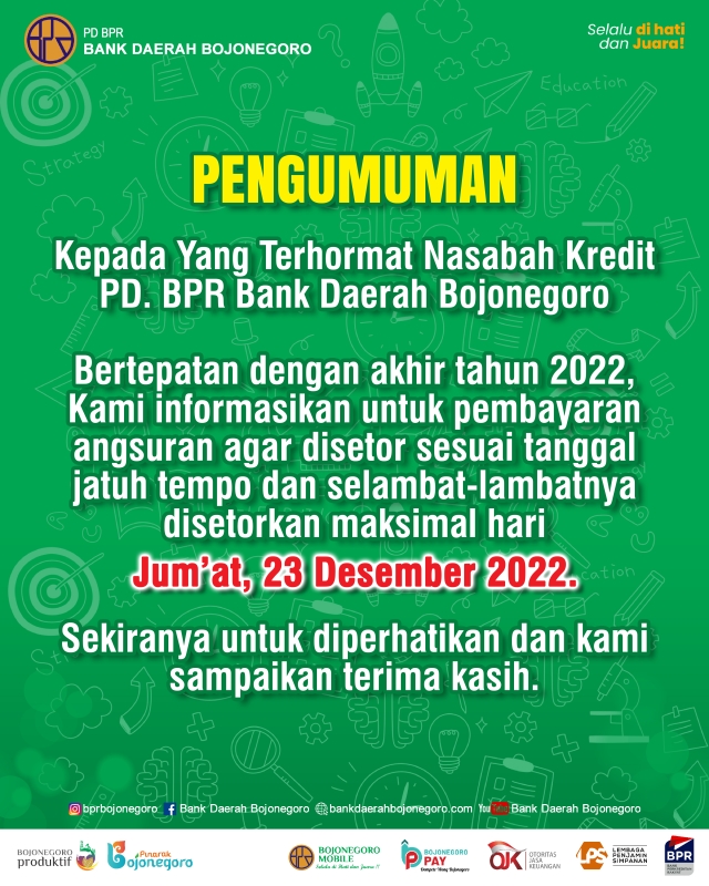 Pengumuman Angsuran Kredit Bulan Desember 2022 PD BPR Bank Daerah Bojonegoro