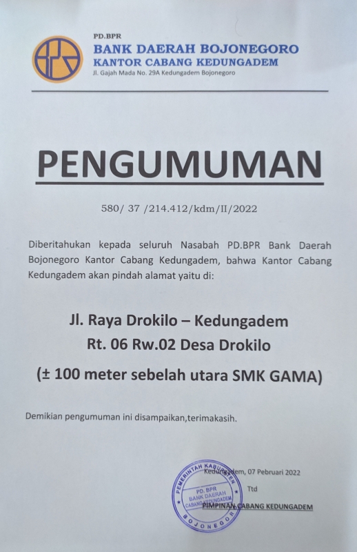 Pindah Alamat Kantor Cabang Kedungadem