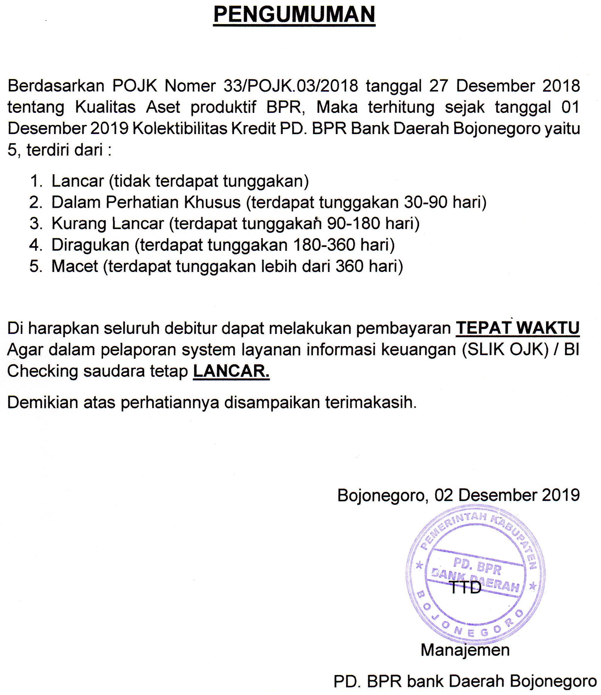 Penyesuaian Kualitas Aset Produktif