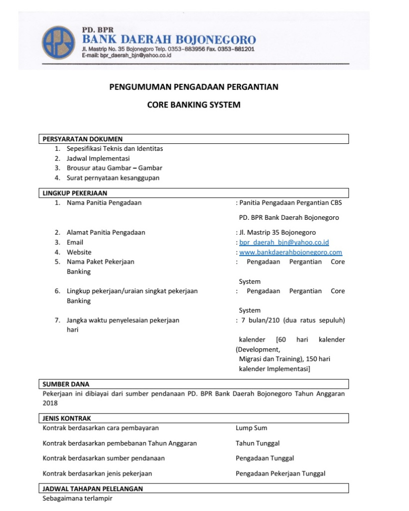 Pengumuman Pengadaan Pergantian Core Banking System